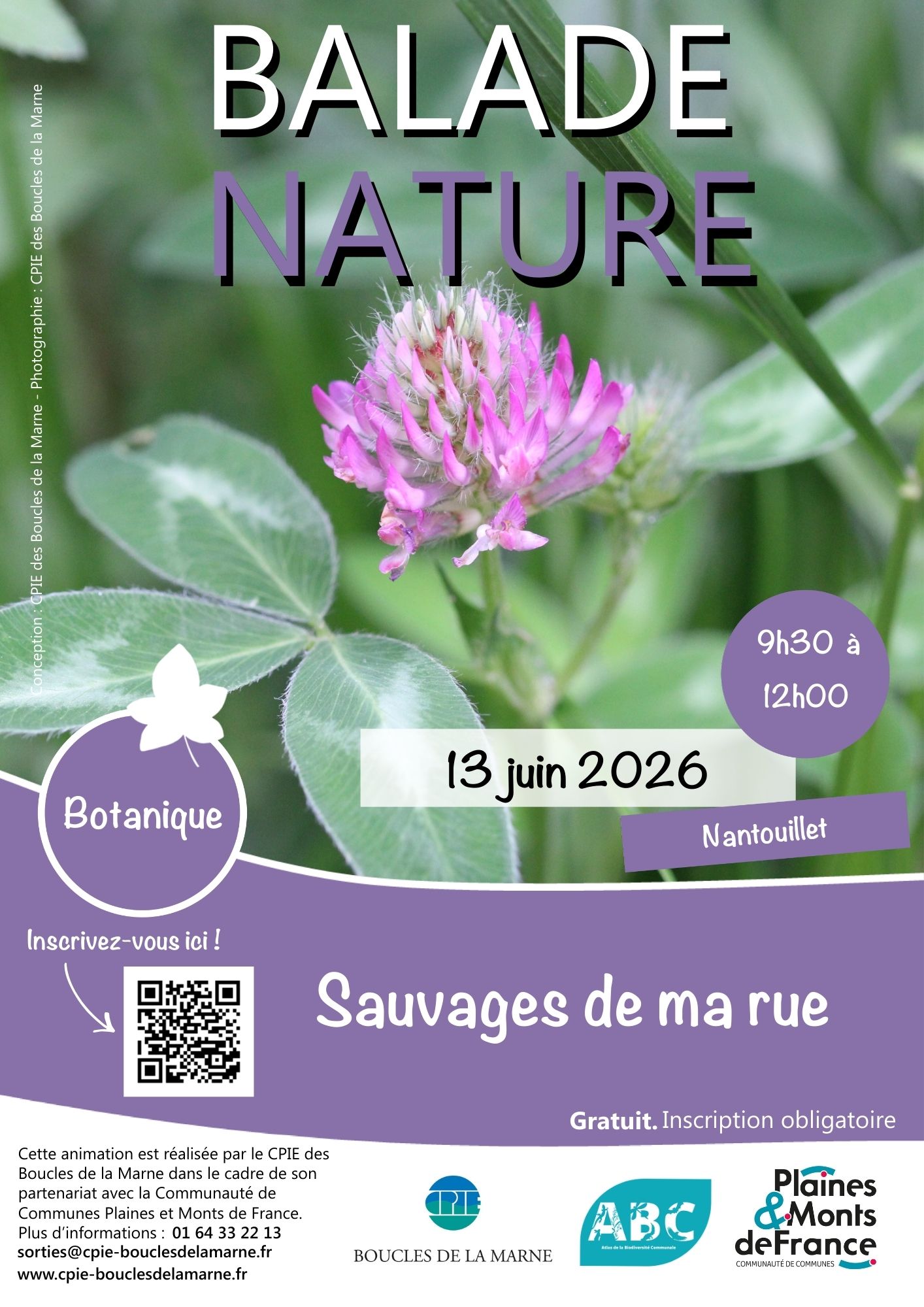 Balade nature "Sauvages de ma rue" sur le thème de la botanique, le 13 juin 2026 de 9h30 à 12h à Nantouillet. Gratuit, inscription obligatoire via QR code ou contact. Organisé par le CPIE des Boucles de la Marne en partenariat avec la CCPMF.