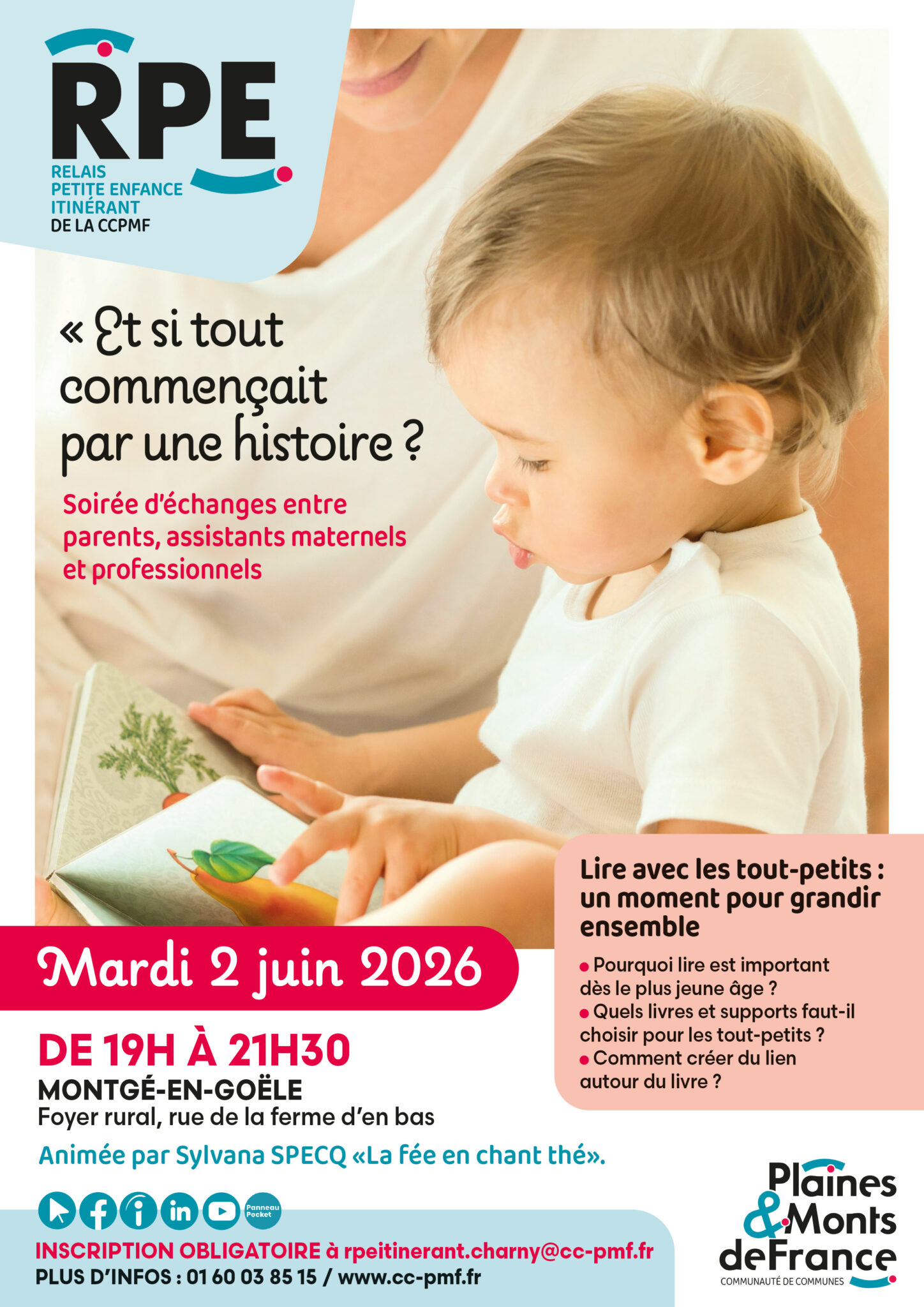 Affiche annonçant une soirée d’échanges sur la lecture avec les tout-petits organisée par le Relais Petite Enfance itinérant de la Communauté de communes Plaines et Monts de France.