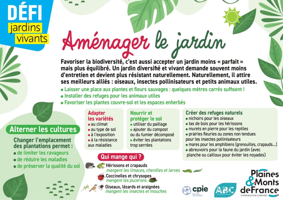 Affiche du Défi Jardins Vivants intitulée « Aménager le jardin ». Elle présente des aménagements favorisant la biodiversité, comme les plantes sauvages, les refuges pour la faune, le paillage, la rotation des cultures et les abris naturels pour les oiseaux, les hérissons, les amphibiens et les insectes pollinisateurs. Elle rappelle également le rôle des animaux auxiliaires dans l’équilibre du jardin.