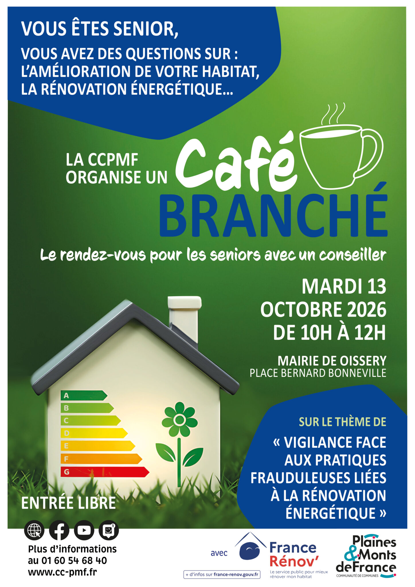 affiche 13 octobre café branché sur le thème "vigilance face aux pratiques frauduleuses liées à la rénovation énergétique"